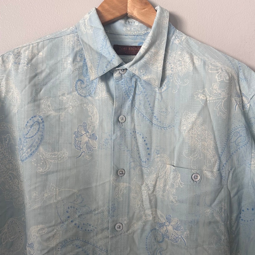 Tori Richard Aloha Shirt Mens L Blue Paisley Silk Blend Hawaiian Short Sleeve